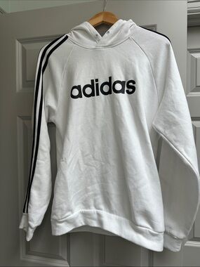 adidas White Hoodie with Black Logo and Shoulder Stripes